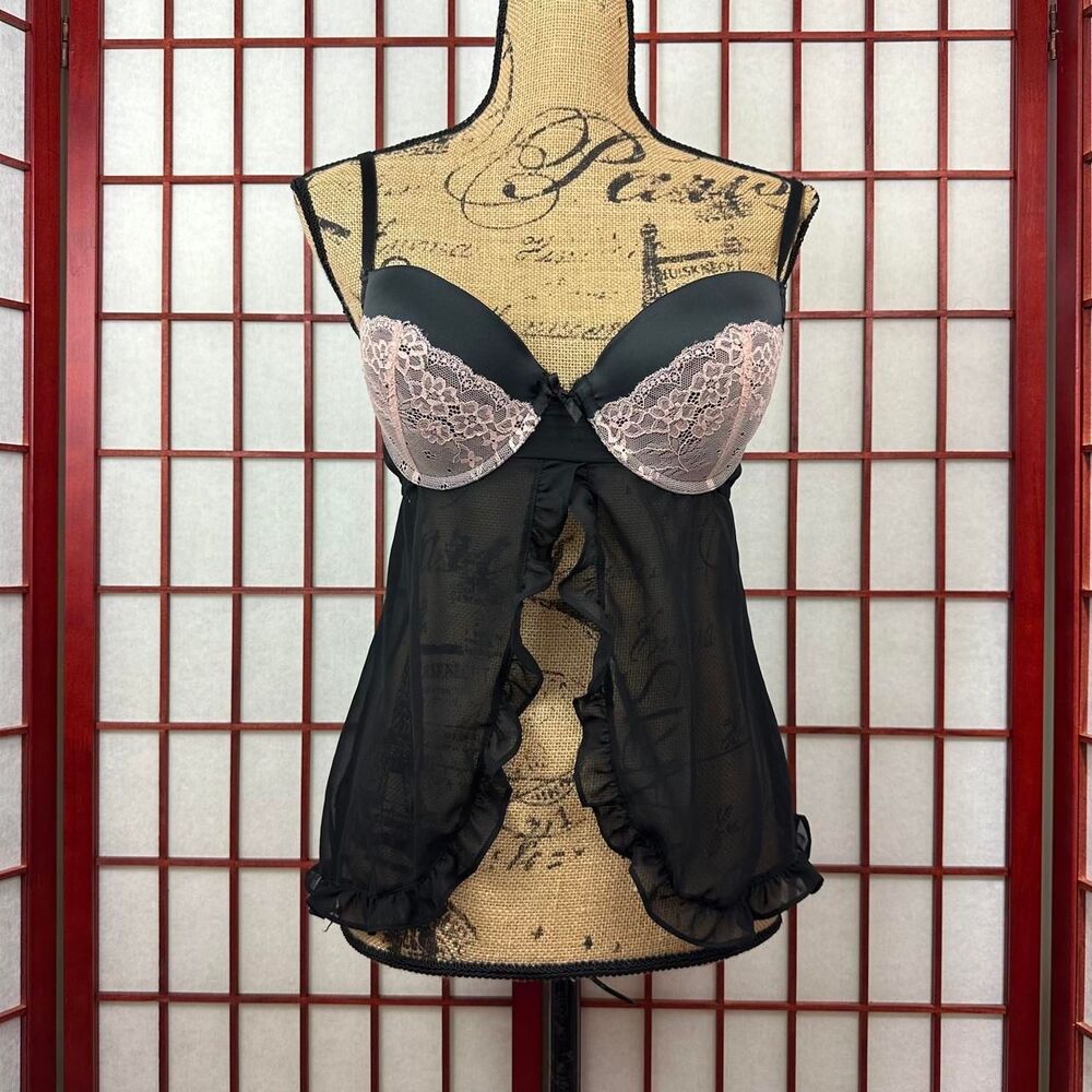 Black Pink Lace Sheer Babydoll Split Bustier Lingerie Top